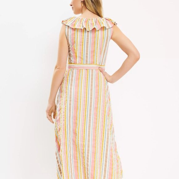 Loft Striped Ruffle Scoop Neck Tie Waist Midi Dress sz 12 NWT B3 - Picture 3 of 5